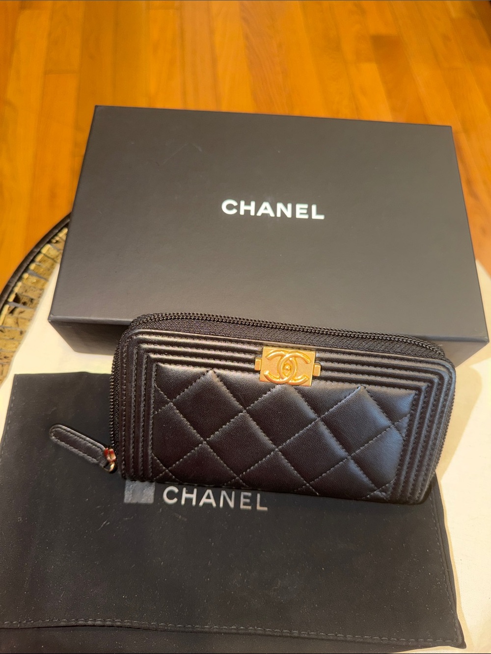 CHANEL Black Lambskin Quilted Boy Zip Around Wallet🖤